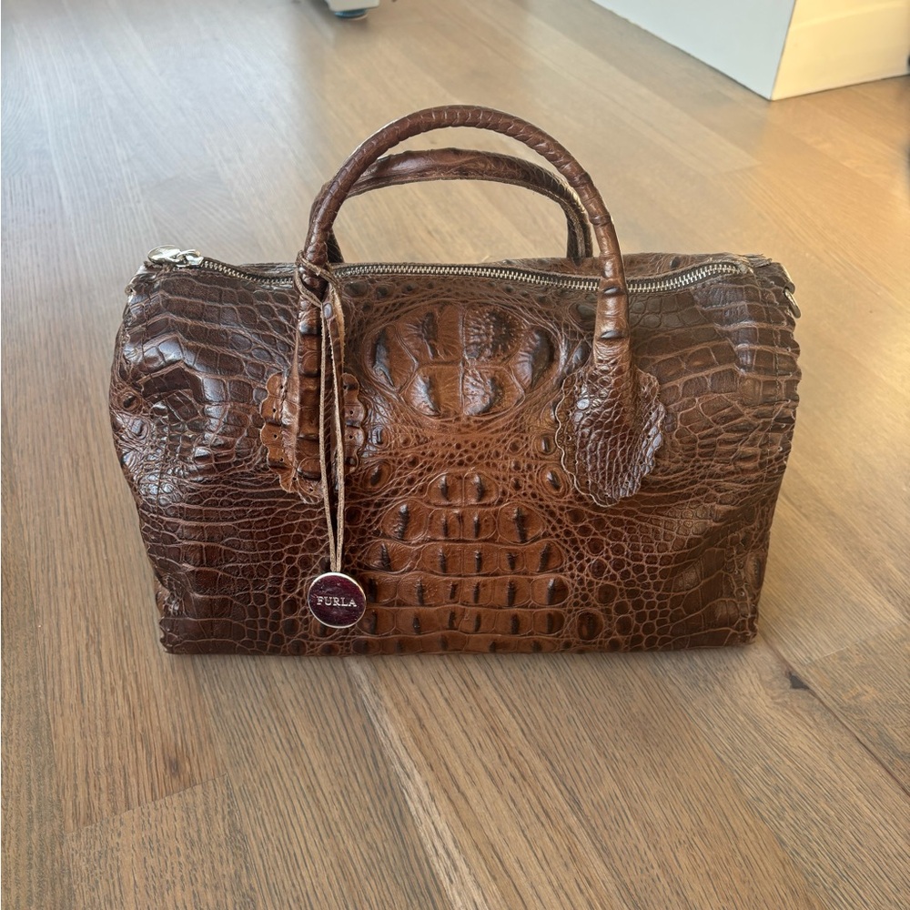 Furla Embossed Leather Satchel in Rich Brown